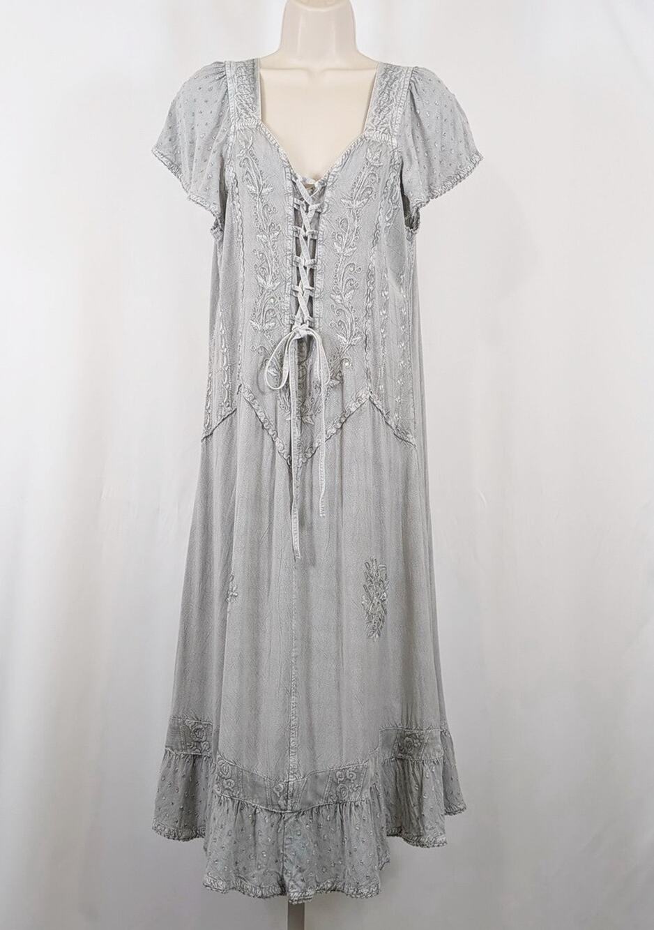Vintage Y2K Dress Gray Embroidered Lace Up Whimsygoth Peasant Women's Size XL